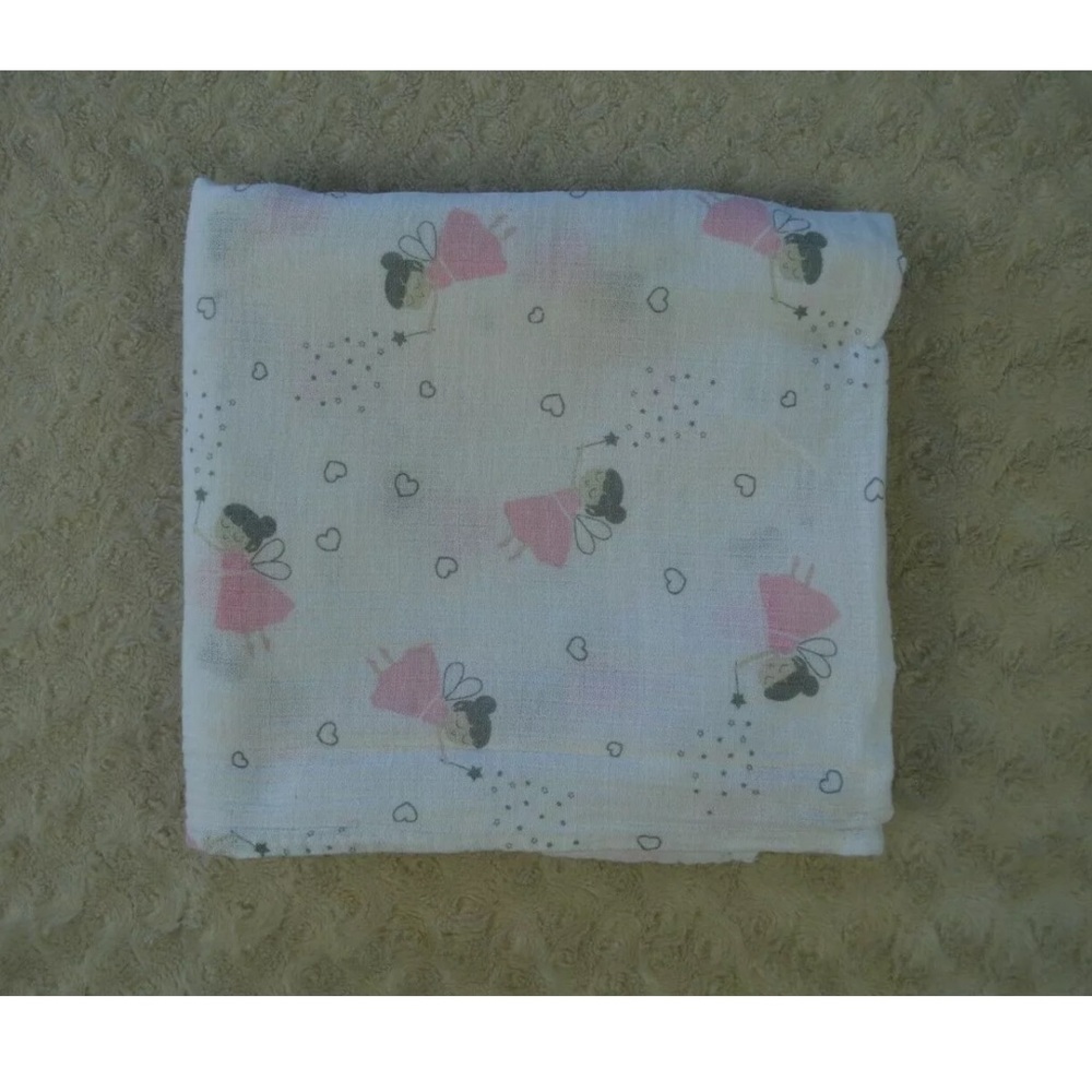 Lollypop Fairy Baby Swaddle Blanket Muslin White Pink Gray Hearts Stars Wand